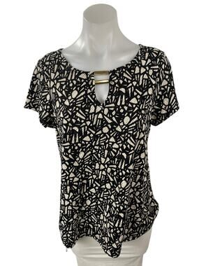 80 Park Black Geometric Round Neck Keyhole Short Cap Sleeve T-Shirt Blouse Top L